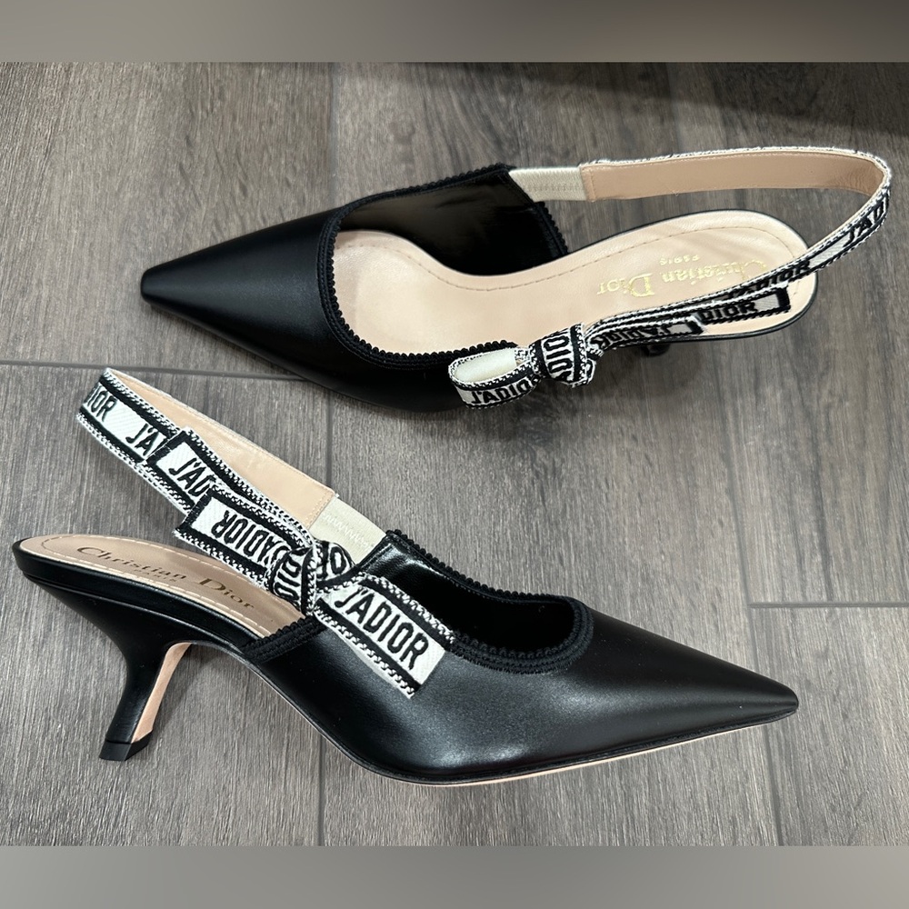 DIOR BLACK LEATHER AND RIBBON KITTEN HEEL SLINGBACKS SIZE 39.5